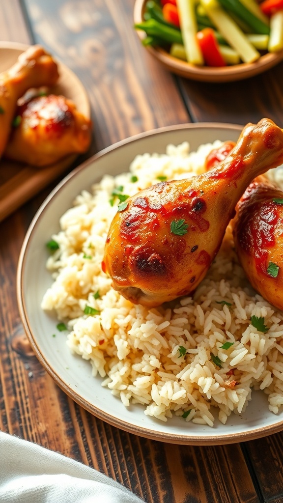Baked chicken drumsticks on rice with parsley garnish, served on a rustic table with vegetables.